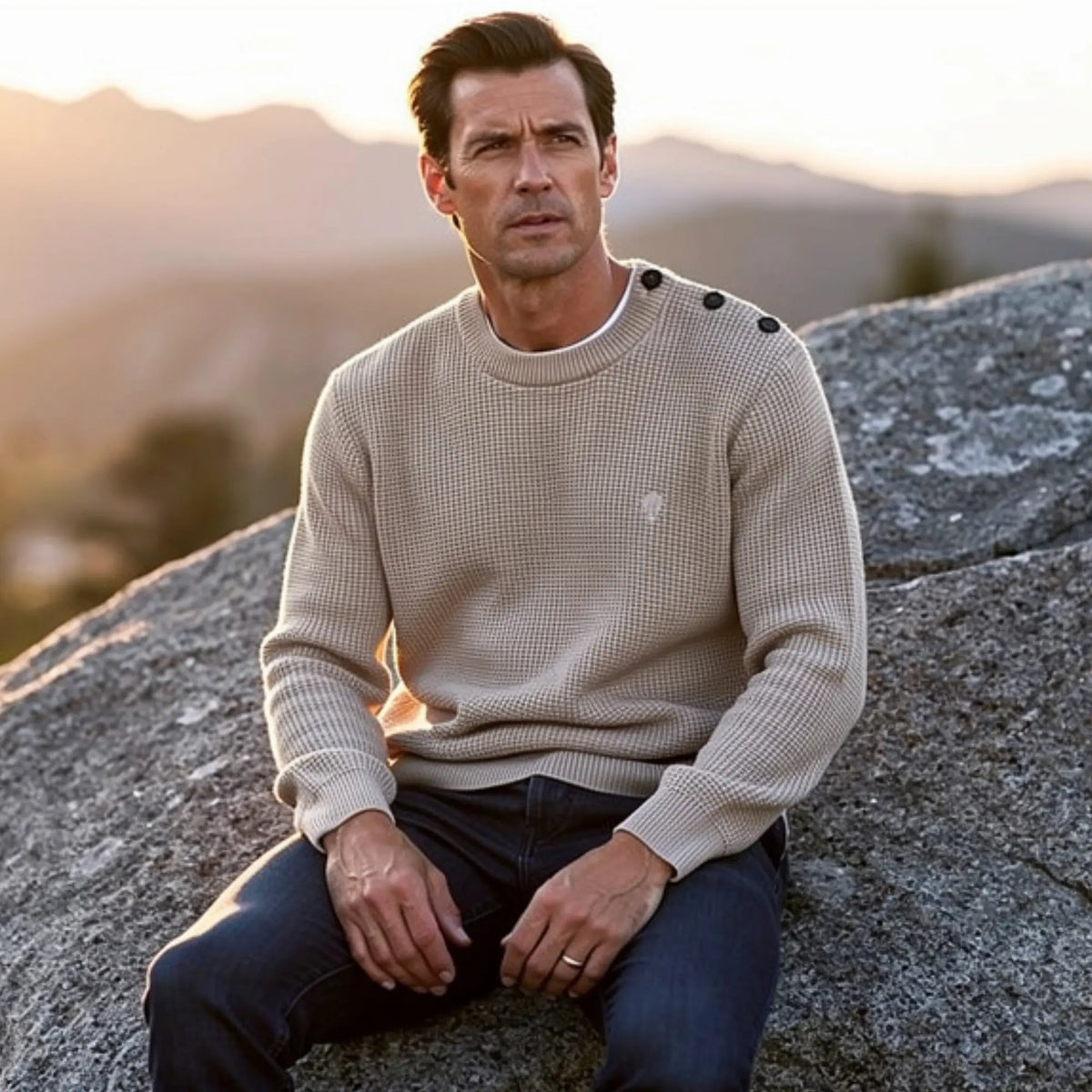 Man draagt een ecru Faguo trui, zittend op een rots in een natuurlijke omgeving