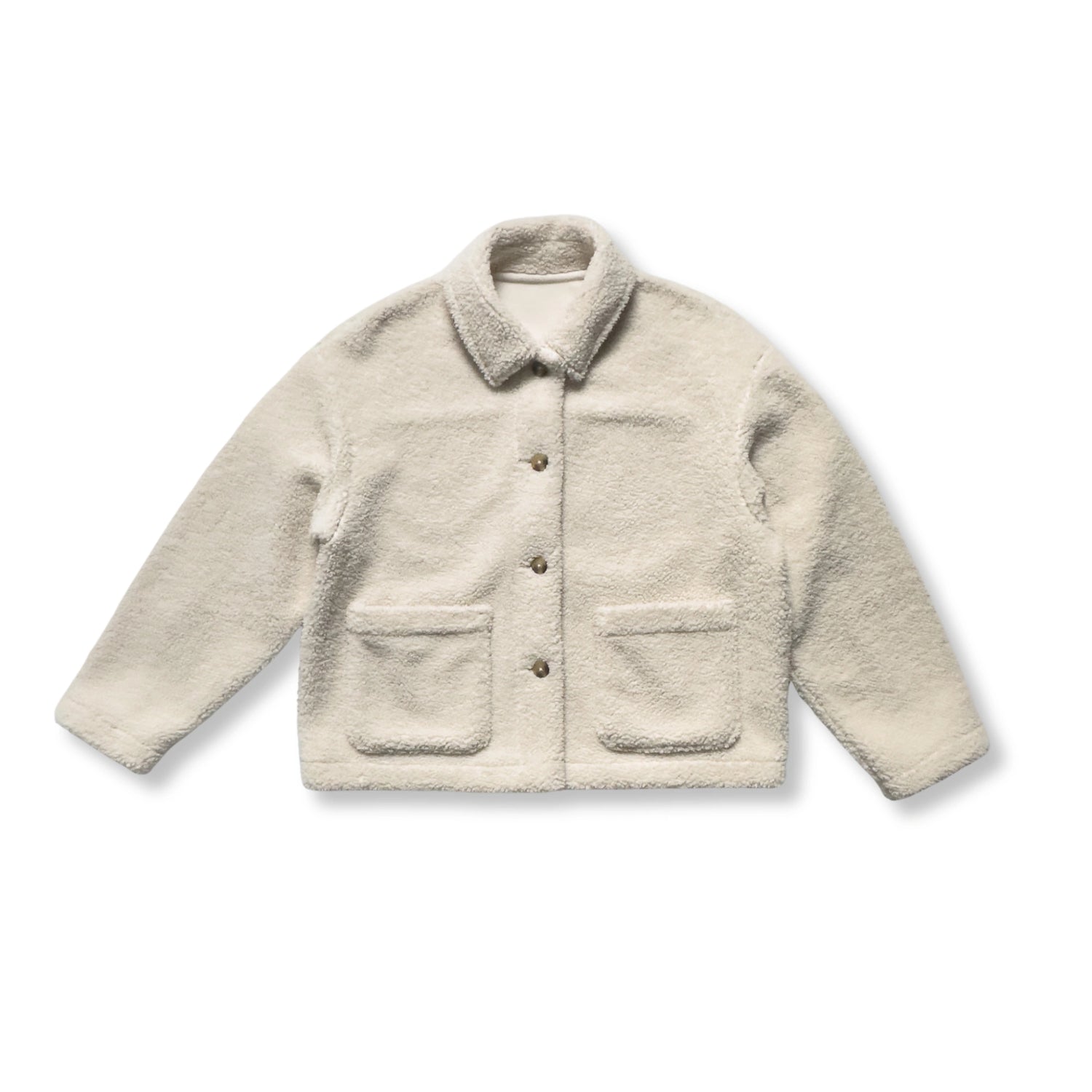 Voorkant van pre-loved Uniqlo teddy overshirt in ecru, maat L, zorgvuldig geselecteerd door Wildfellow