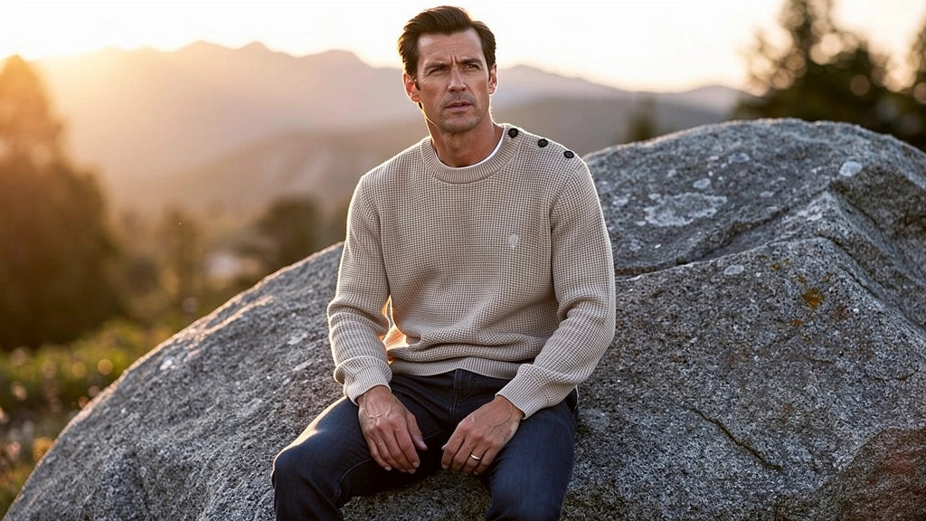 Duurzame herentrui van Faguo, gedragen in een natuurlijke omgeving