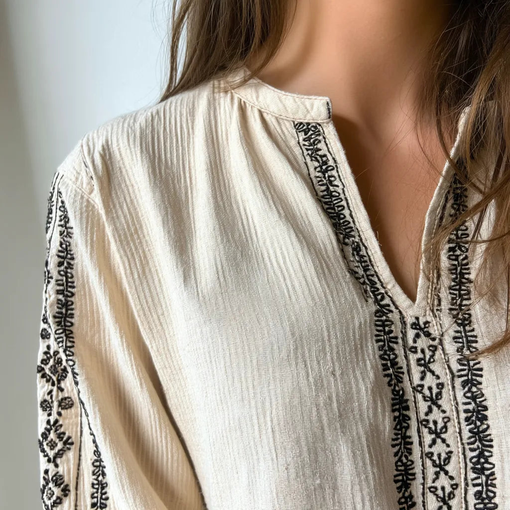 Detail van een lichte blouse met geborduurde afwerking langs hals en mouw