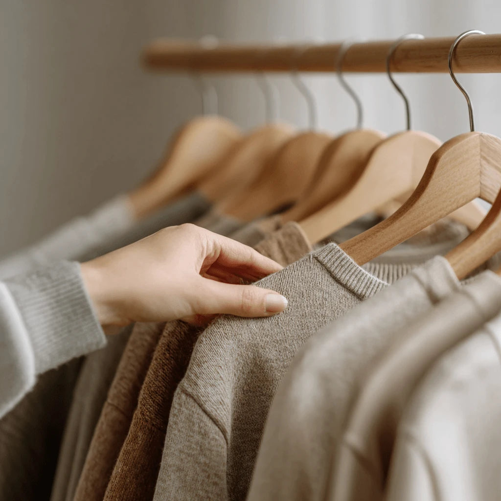 Hand die pre-loved kleding selecteert aan een rustig kledingrek.