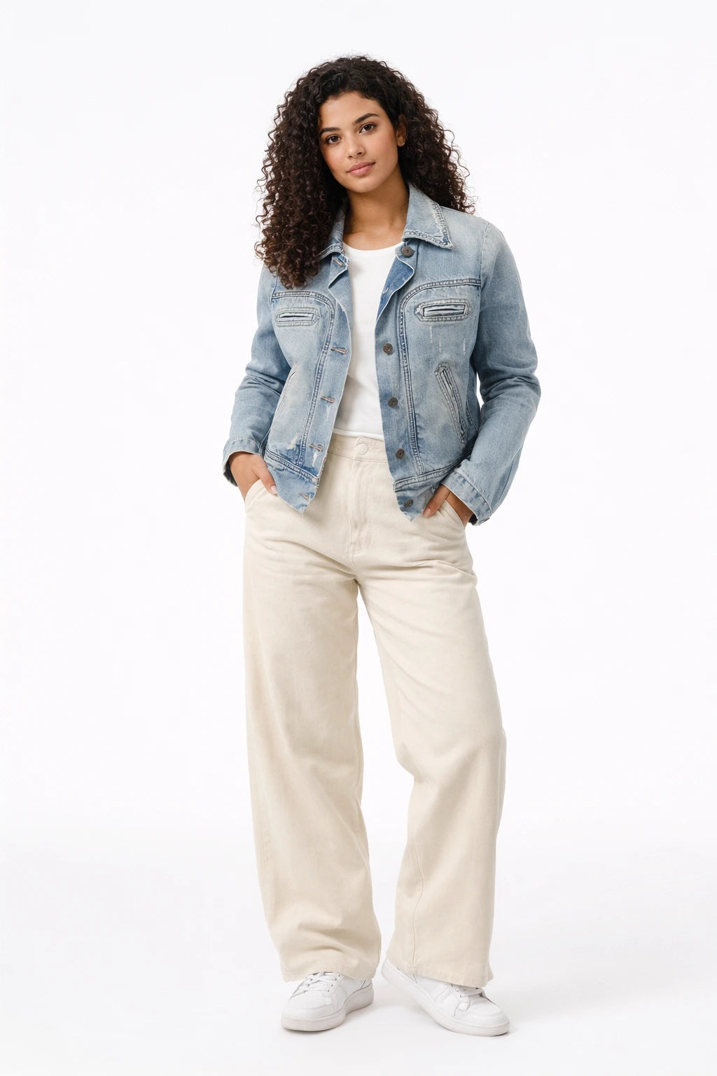 Tweedehands lichtblauw spijkerjack voor dames, gedragen door model met krullend haar op witte achtergrond