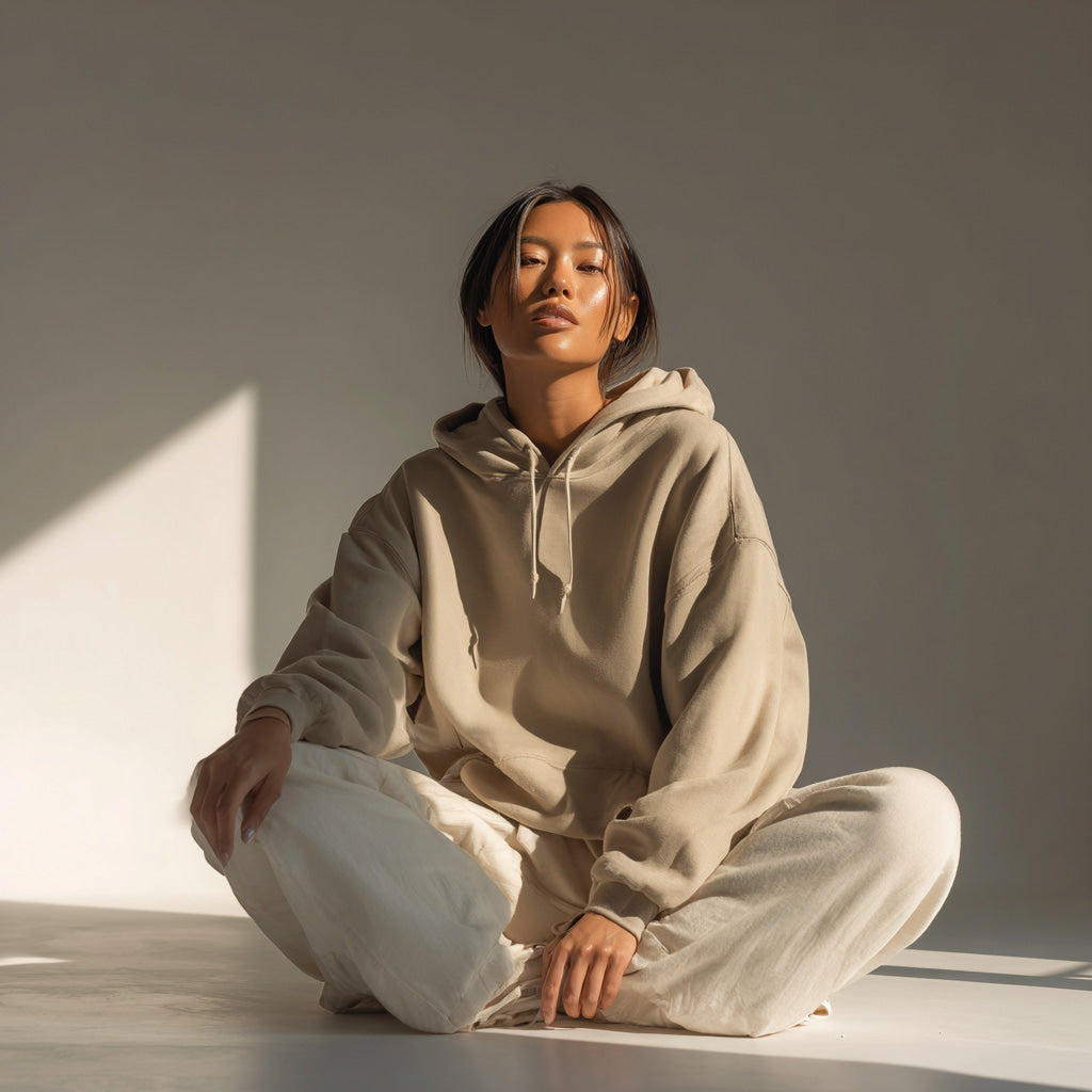 Persoon in een comfortabele Wildfellow hoodie, gefotografeerd in zacht licht met een rustige en tijdloze uitstraling passend bij duurzame kleding.